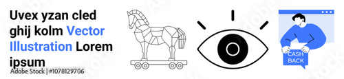 Abstract Trojan horse, eye icon, and man holding cashback offer. Ideal for cybersecurity, loyalty programs, marketing, web design, app development, visual presentations, and educational purposes