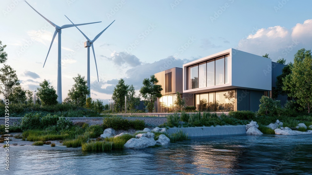 River with modern hydro turbines surrounded by lush greenery and vibrant wildlife, showcasing sustainable energy. River with modern hydro turbines surrounded by lush greenery and vibrant wildlife, showcasing sustainable energy.