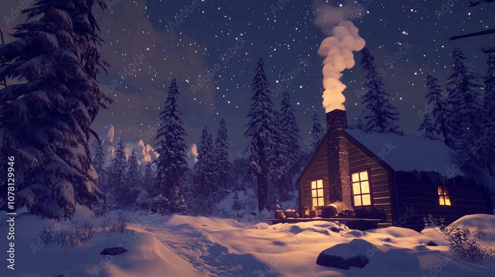 Naklejka premium A cozy cabin covered in snow, nestled in a forest under a starlit sky. Smoke rises from the chimney, and warm light glows from the windows, creating a comforting contrast with the cold night.