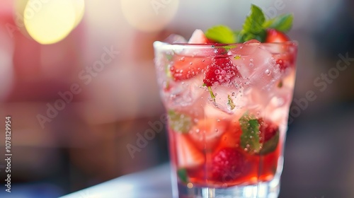 Refreshing Strawberry Drink with Mint Leaves and Ice