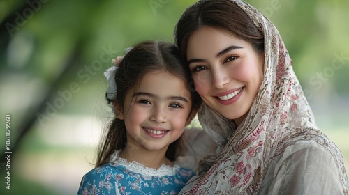 A warm portrait of a woman and a girl smiling together amidst a natural green background, showcasing love and connection.