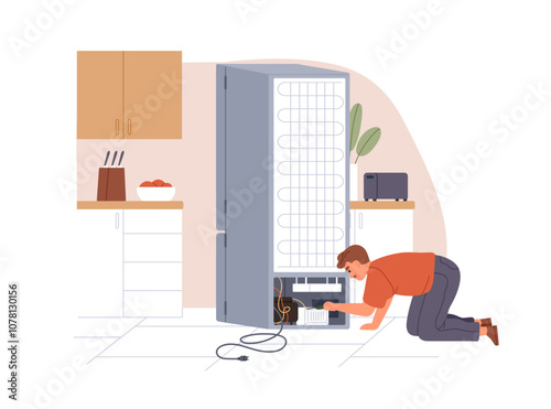 Refrigerator repair service. Technician checking and fixing broken fridge appliance in kitchen. Repairman worker troubleshooting cooling system. Flat vector illustration isolated on white background