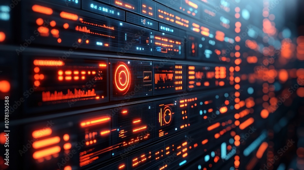 Futuristic digital interface with glowing data panels and graphics. Futuristic digital interface with glowing data panels and graphics.