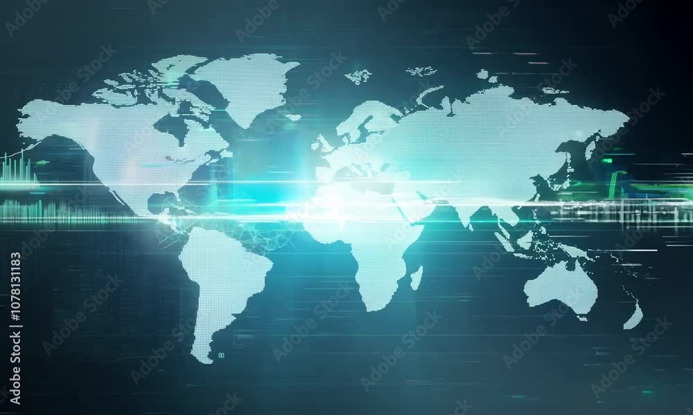 Global Network Connection: Futuristic digital world map with glowing light streaks, symbolizing global connectivity, data transfer, and international communication.  A powerful visual for technology.