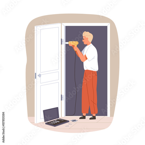 Door installation service. Worker assembling, installing, fixing new entrance with hinge and drill in home apartment. Professional worker. Flat vector illustration isolated on white background