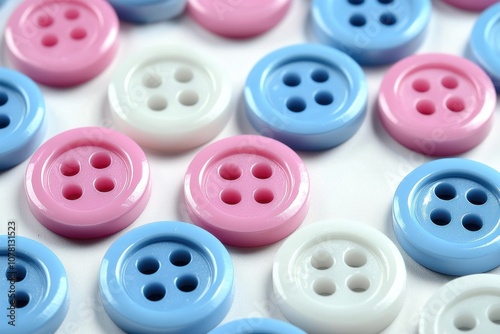 A close-up of colorful buttons in pink, blue, and white, arranged in a playful pattern.