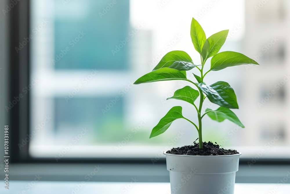 Young plant in pot by window, growth concept, city backdrop Young plant in pot by window, growth concept, city backdrop