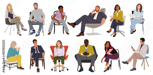 Diverse Business people sitting on office chair, talking by phone, working at laptop. Men and women in smart casual office outfits. Vector illustration on isolated on transparent background