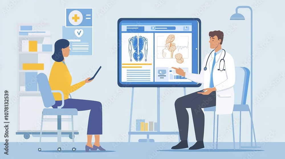 Doctor and nurse discussing patient care and treatment options. Doctor and nurse discussing patient care and treatment options.