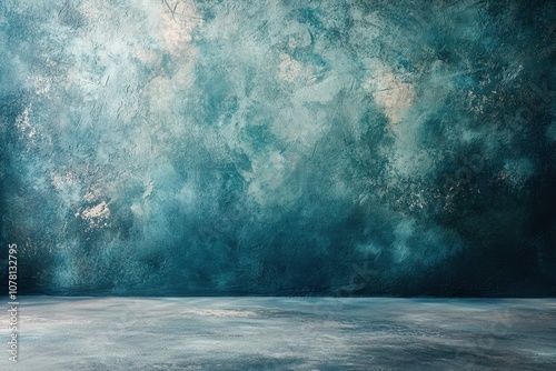 Textured blue wall and floor backdrop.