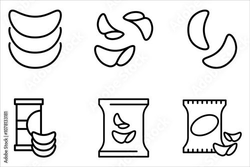 Potato chips line icon set. Salty snacks on white background