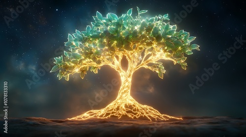 The Glowing Yggdrasil Tree is a majestic, ancient tree with luminous green leaves and branches that emit a soft, otherworldly glow photo