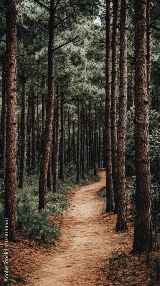 Fototapeta premium A serene forest path winding through tall trees, inviting exploration and tranquility.