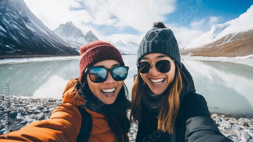 Two women smiling in winter attire by a serene lake surrounded by mountains.