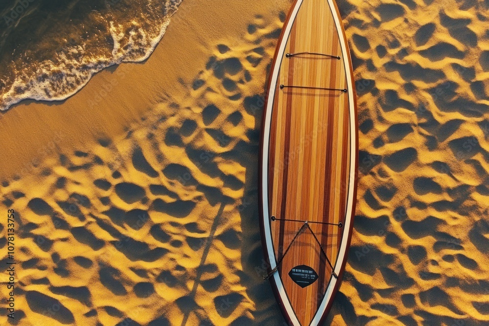 Fototapeta premium A wooden paddleboard lies on a sandy beach with gentle waves lapping at the shore.