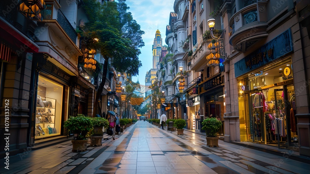 Fototapeta premium A Narrow Street Lined with Shops in Shanghai, China