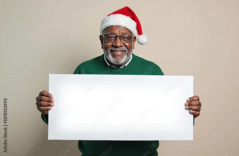 Smiling African American elderly man in santa hat holding blank sign for holiday message Smiling African American elderly man in santa hat holding blank sign for holiday message