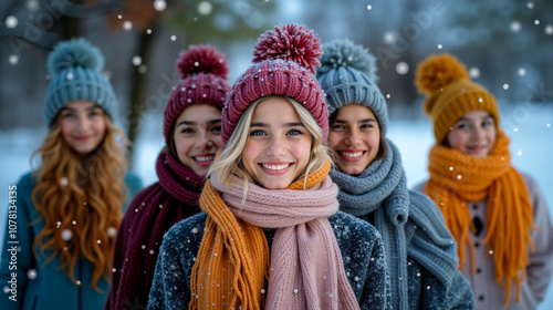 A group of young women wearing winter hats and scarves in the snow