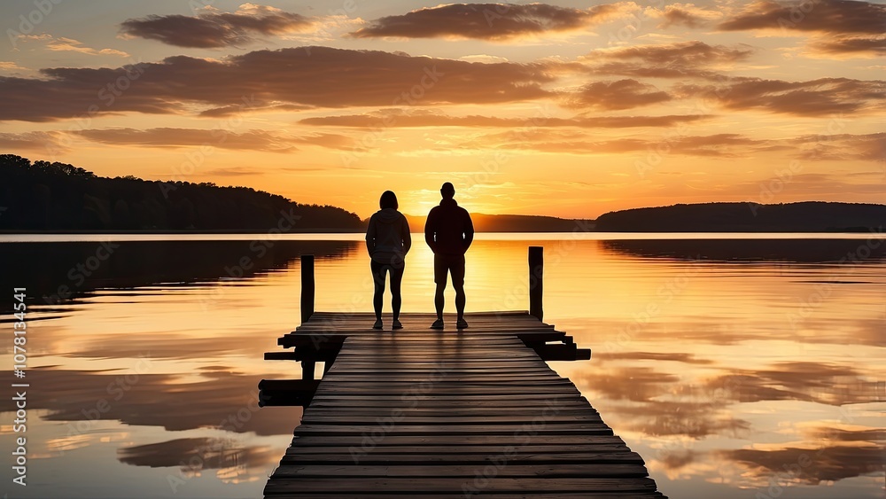 Inspirational silhouette of a person gazing over a tranquil lake at sunset, wooden pier extending into the water, reflecting strength Inspirational silhouette of a person gazing over a tranquil lake at sunset, wooden pier extending into the water, reflecting strength