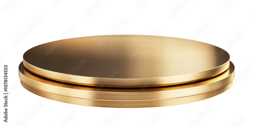 A two-tier gold pedestal stand designed for product display, featuring a sleek and modern finish. A two-tier gold pedestal stand designed for product display, featuring a sleek and modern finish.