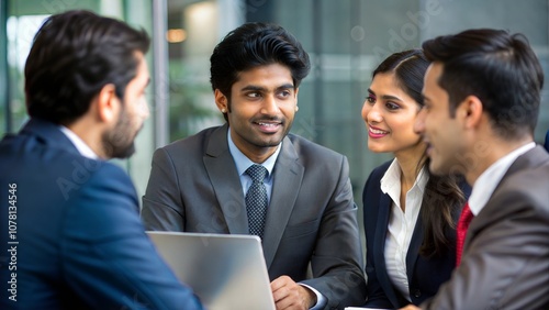 Indian business partners discussing a project during a meeting. 