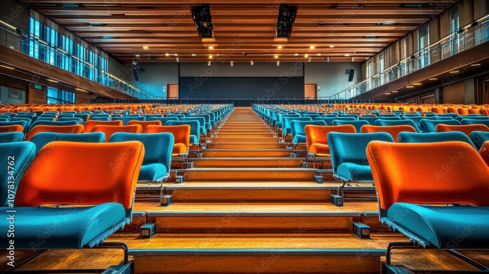 Naklejka premium A modern auditorium with colorful seating arranged in rows for presentations or lectures.