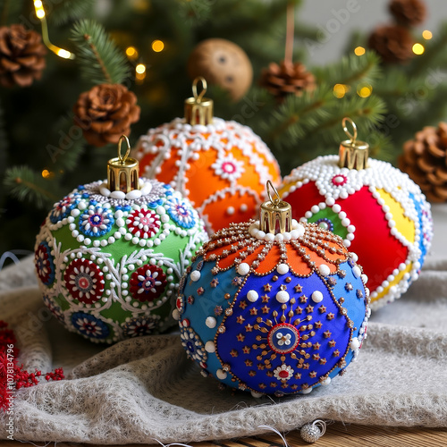 A group of colorful ornaments sitting on top of a table next to a christmas tree photo