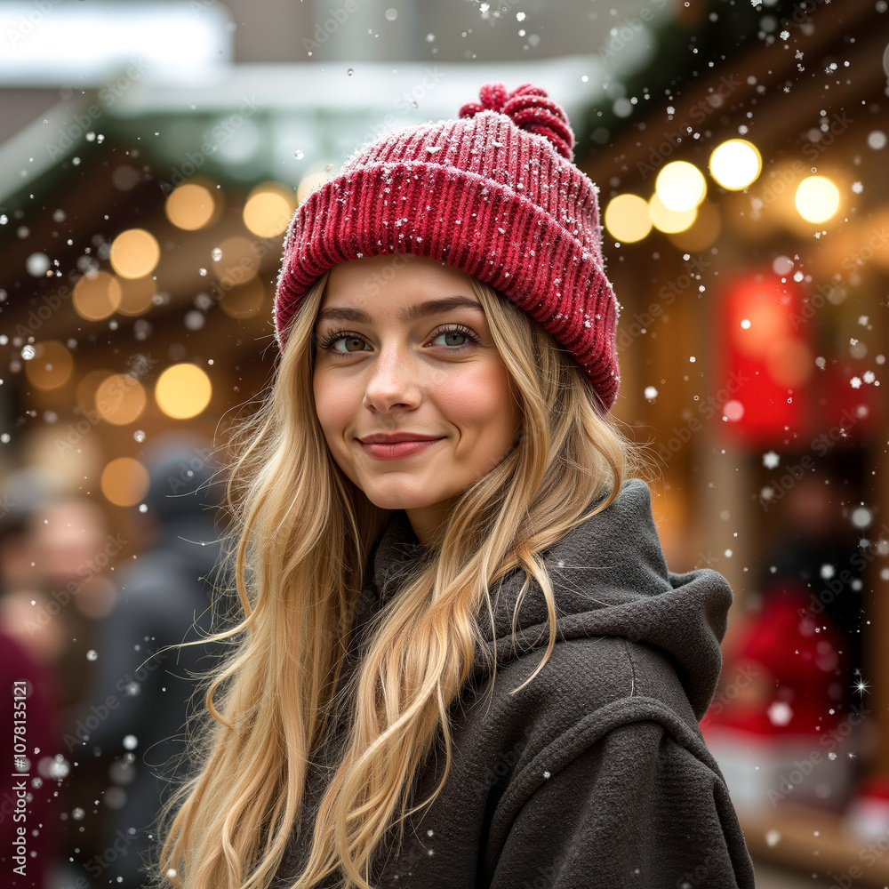 A woman wearing a red hat in the snow A woman wearing a red hat in the snow
