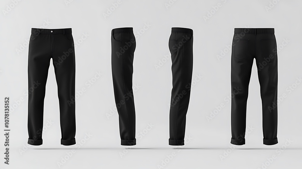 A set of black pants displayed from multiple angles, showcasing design and fit. A set of black pants displayed from multiple angles, showcasing design and fit.