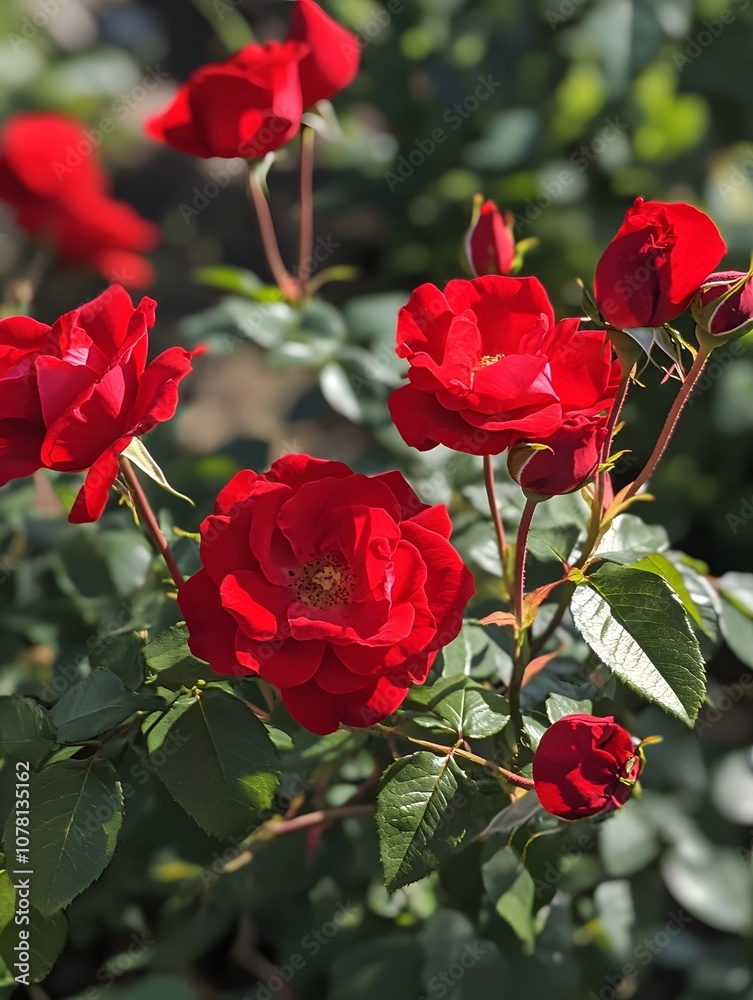 Vibrant red roses in full bloom with green foliage and buds. Vibrant red roses in full bloom with green foliage and buds.