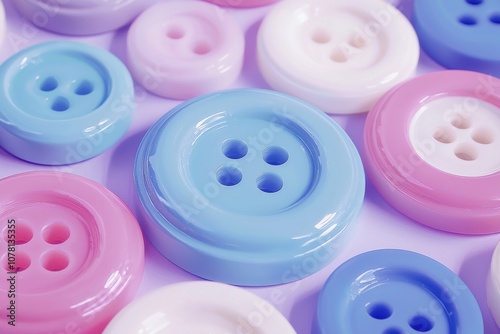 Colorful buttons in various sizes and shades arranged on a surface.