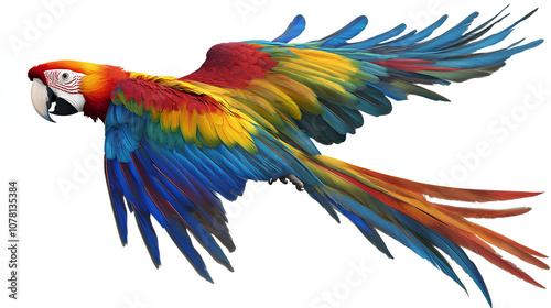 Colorful macaw parrot with vibrant feathers isolated on white background, ideal for tropical and exotic design projects photo