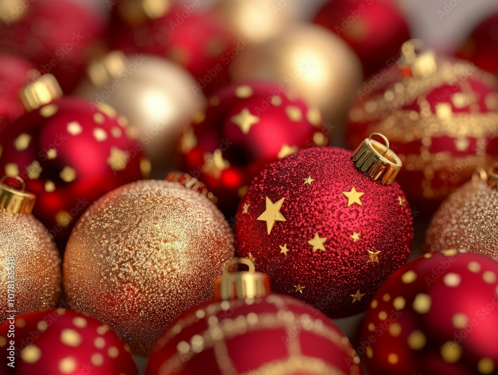 3d render of red and green christmas balls with golden stars. Copy space. 3d render of red and green christmas balls with golden stars. Copy space.