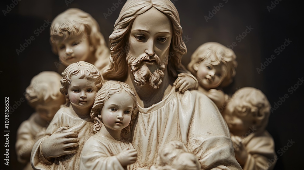 A representation of Jesus with children, symbolizing his love and care for all people, especially the innocent A representation of Jesus with children, symbolizing his love and care for all people, especially the innocent