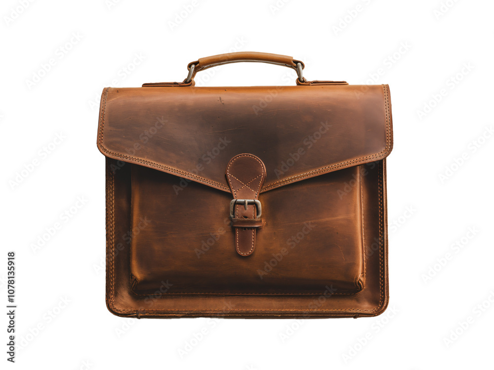 a brown leather briefcase. The briefcase is rectangular in shape and has a handle on top for easy carrying. It has a flap closure with a metal buckle on the front. a brown leather briefcase. The briefcase is rectangular in shape and has a handle on top for easy carrying. It has a flap closure with a metal buckle on the front.