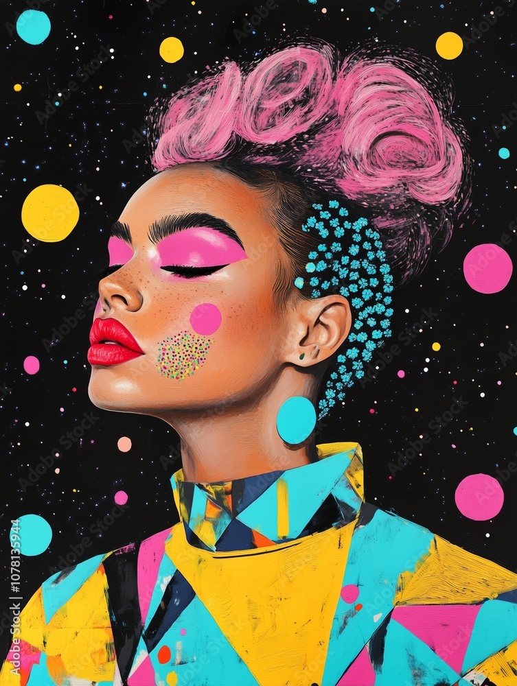A vibrant pop art illustration featuring a retro-futuristic portrait against a starry black background. A vibrant pop art illustration featuring a retro-futuristic portrait against a starry black background.