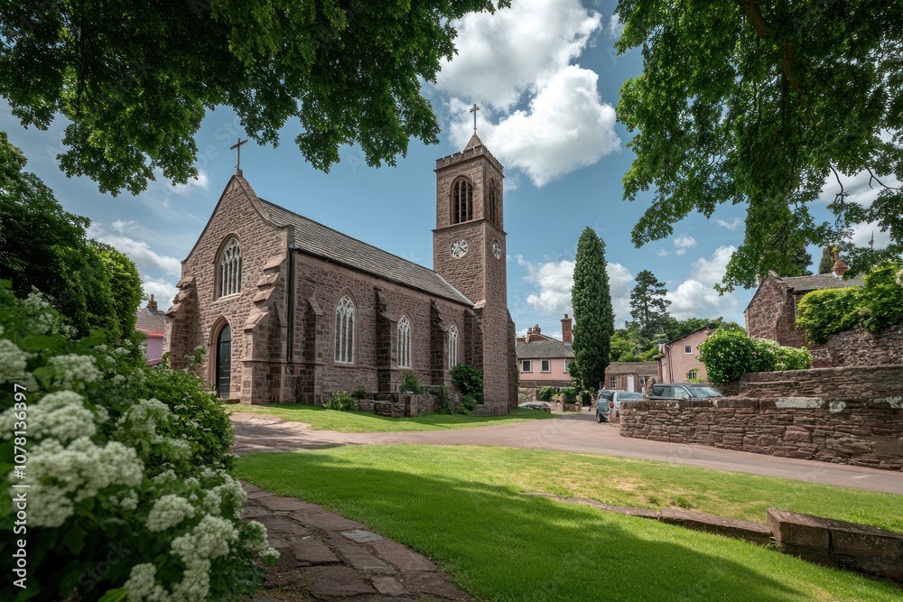 A charming church surrounded by greenery and a clear blue sky. A charming church surrounded by greenery and a clear blue sky.