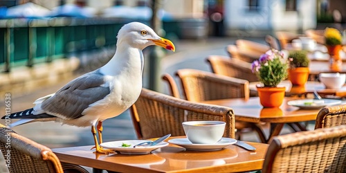 Seagull stealing food from a restaurant table, seagull, bird, food theft, restaurant, table, outdoor dining