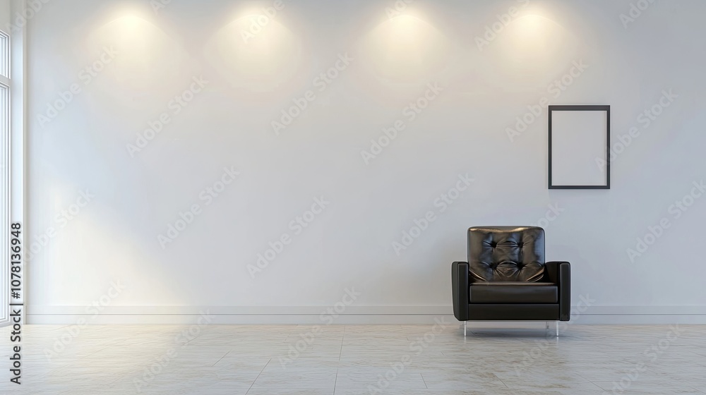 A black leather armchair sits in a minimalist room with white walls and a single framed print on the wall. A black leather armchair sits in a minimalist room with white walls and a single framed print on the wall.