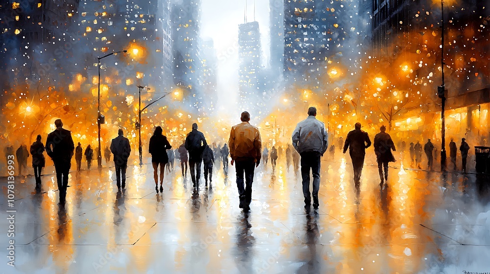 The painting depicts a bustling city street at night, illuminated by the warm glow of streetlights The painting depicts a bustling city street at night, illuminated by the warm glow of streetlights