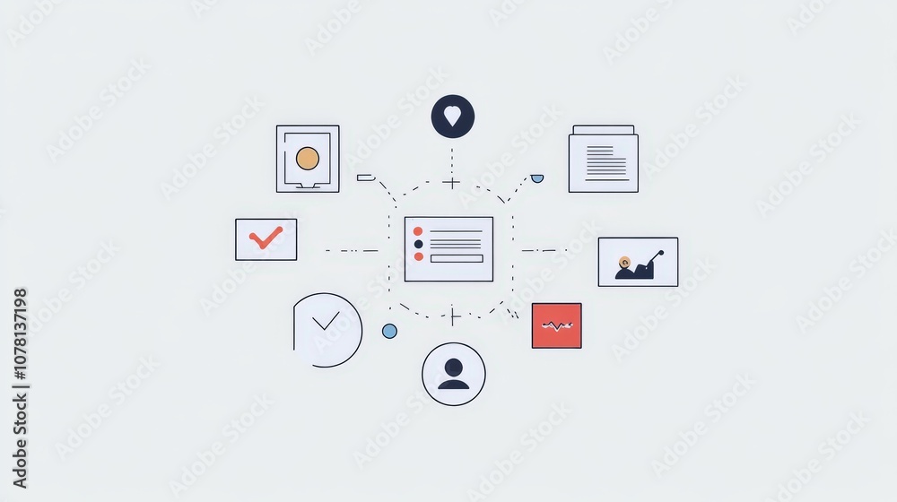 Integrated System of Various Icons Connected by Lines