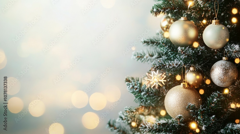 Christmas tree with christmas ornaments and defocused lights. Copy space.