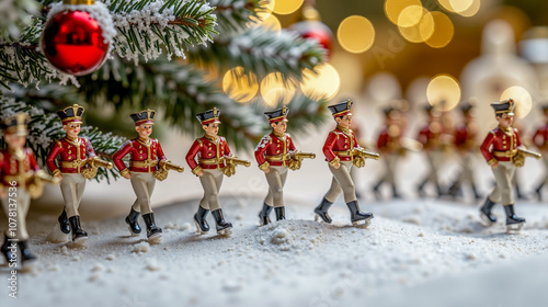 A group of toy soldiers standing next to a christmas tree photo