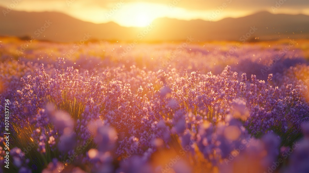 Obraz premium Stunning Lavender Field at Sunset with Golden Light and Mountain Backdrop Capturing the Essence of Nature's Beauty and Tranquility