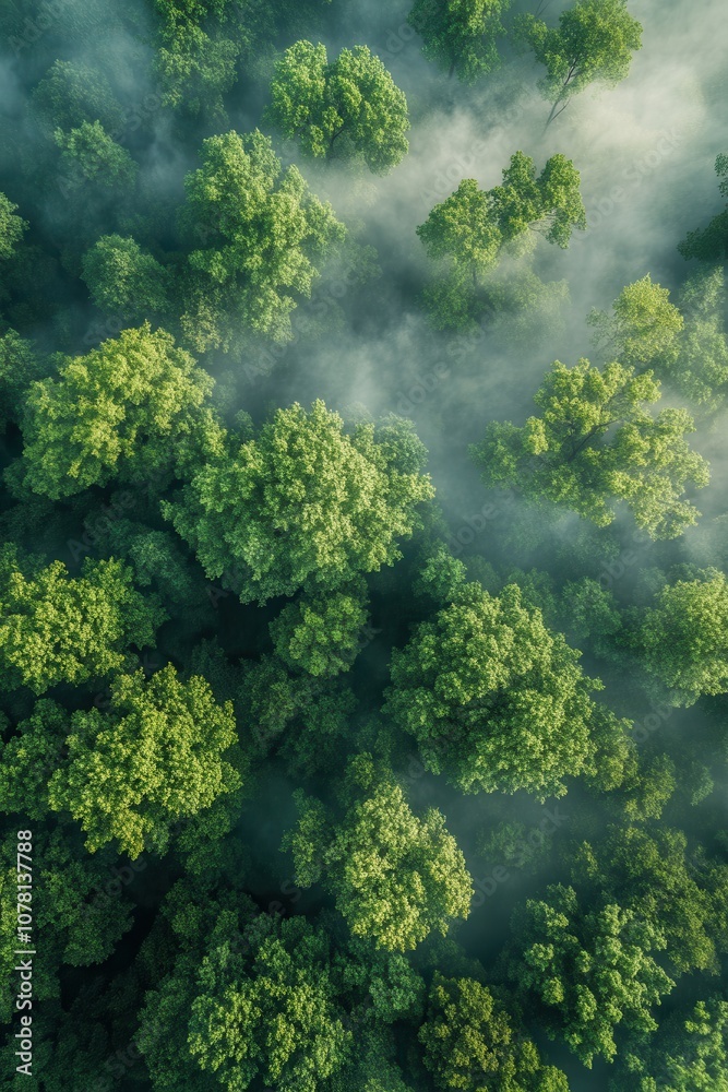 Aerial View of Lush Green Forest Canopy with Misty Fog Creating a Serene and Tranquil Natural Landscape Aerial View of Lush Green Forest Canopy with Misty Fog Creating a Serene and Tranquil Natural Landscape