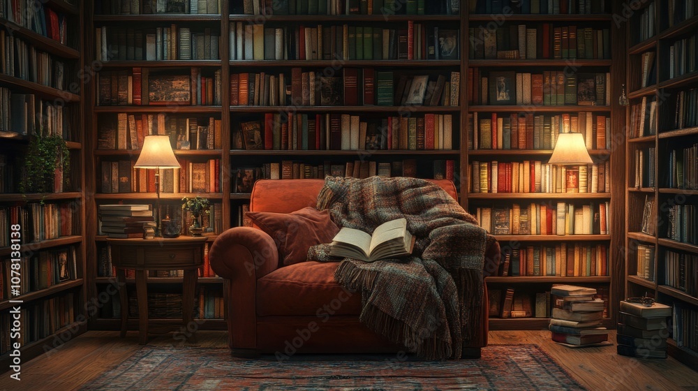 Cozy Reading Nook with Armchair and Bookshelf in Warmly Lit Library Filled with Books and Soft Lighting for Relaxation and Comfort Cozy Reading Nook with Armchair and Bookshelf in Warmly Lit Library Filled with Books and Soft Lighting for Relaxation and Comfort
