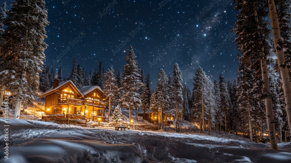Two Illuminated Cabins Nestled in a Snowy Forest Under a Starry Night Sky Two Illuminated Cabins Nestled in a Snowy Forest Under a Starry Night Sky