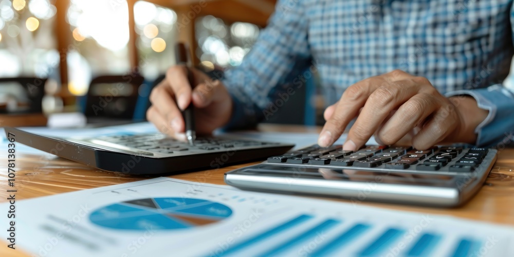 Close-up of Hands Using a Calculator and Reviewing Financial Charts Close-up of Hands Using a Calculator and Reviewing Financial Charts