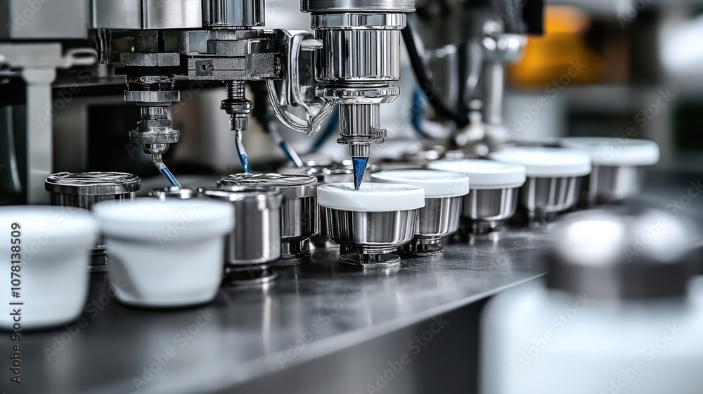 Automated industrial machine filling white yogurt containers with a precise blue liquid in a production line environment, showcasing advanced manufacturing technology. Automated industrial machine filling white yogurt containers with a precise blue liquid in a production line environment, showcasing advanced manufacturing technology.