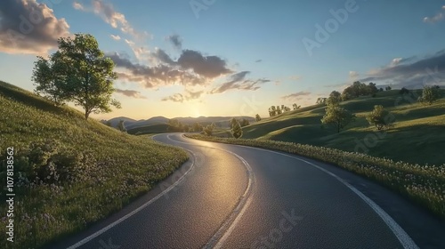 Open Road Leading Through Lush Green Hills at Sunset